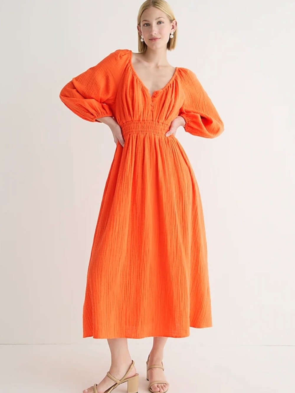 J. Crew Smocked-Waist Orange Maxi Dress with V-Neck